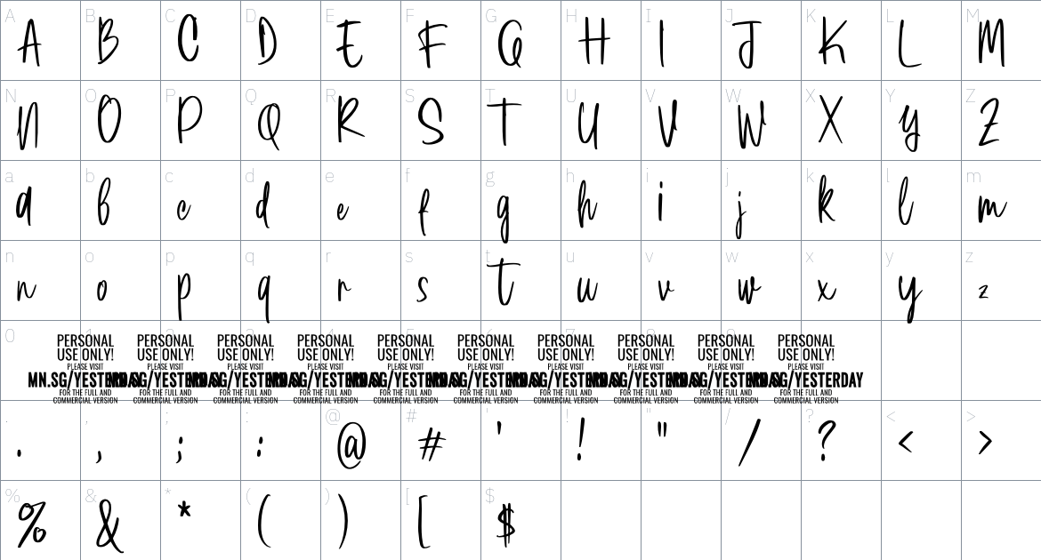 Yesterday Night PERSONAL font Character Map