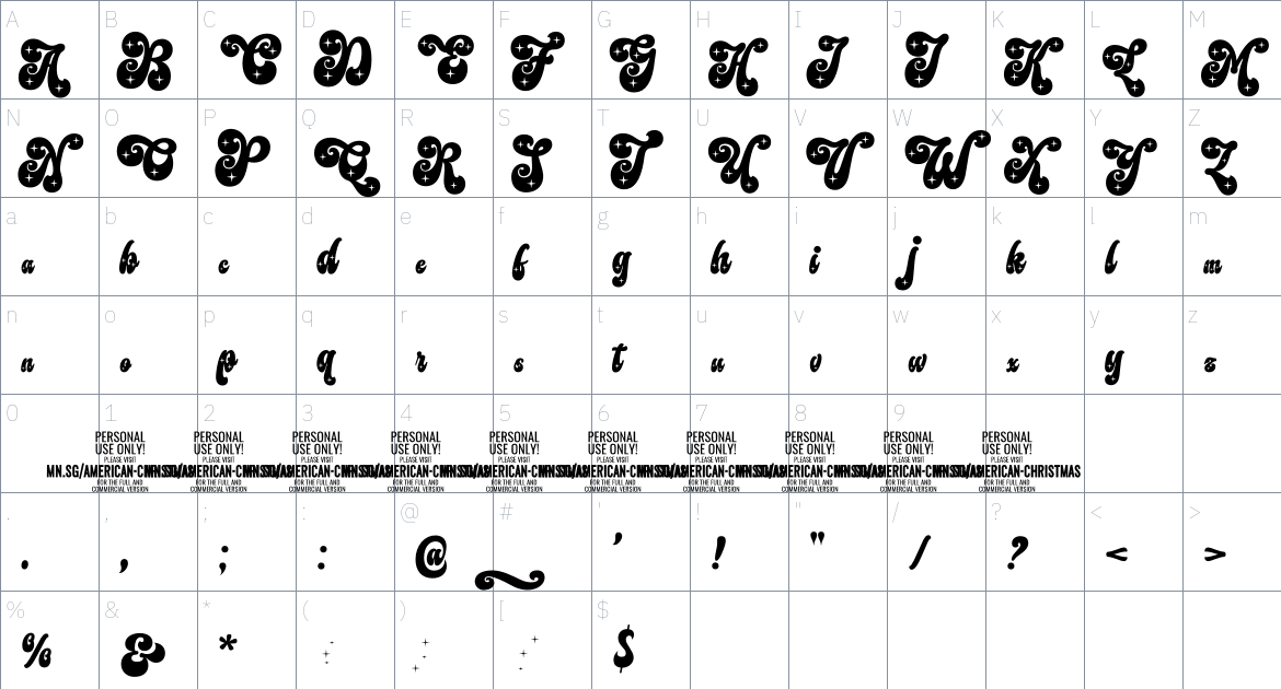 American Christmas 2 PERSONAL font Character Map