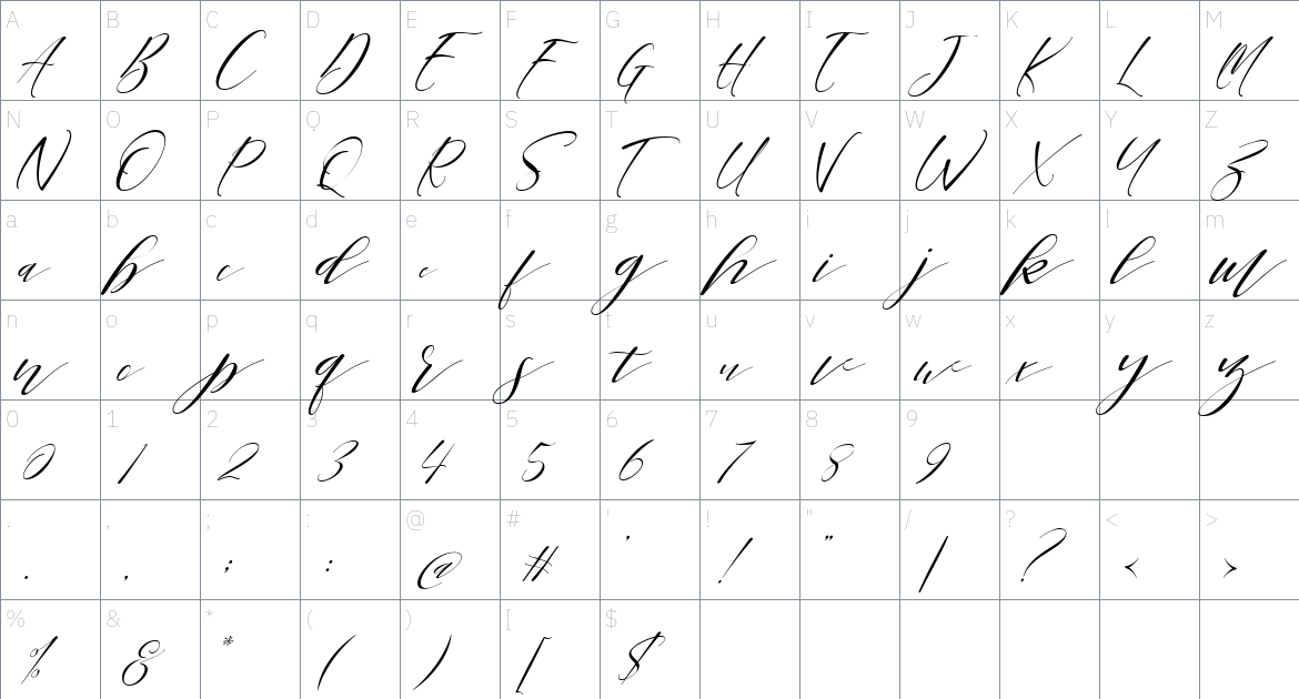 Sheraton Script font Character Map