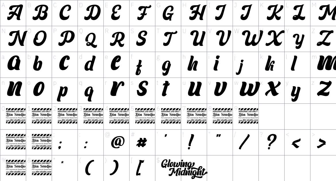 Glowing Midnight font Character Map