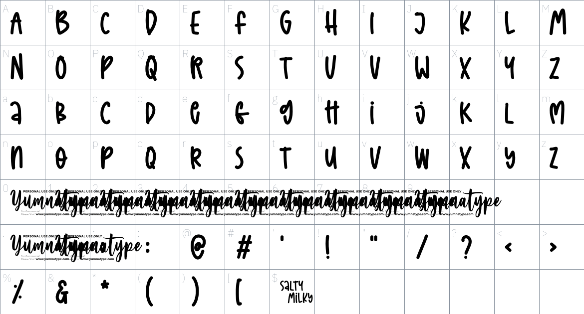 Salty Milky font Character Map