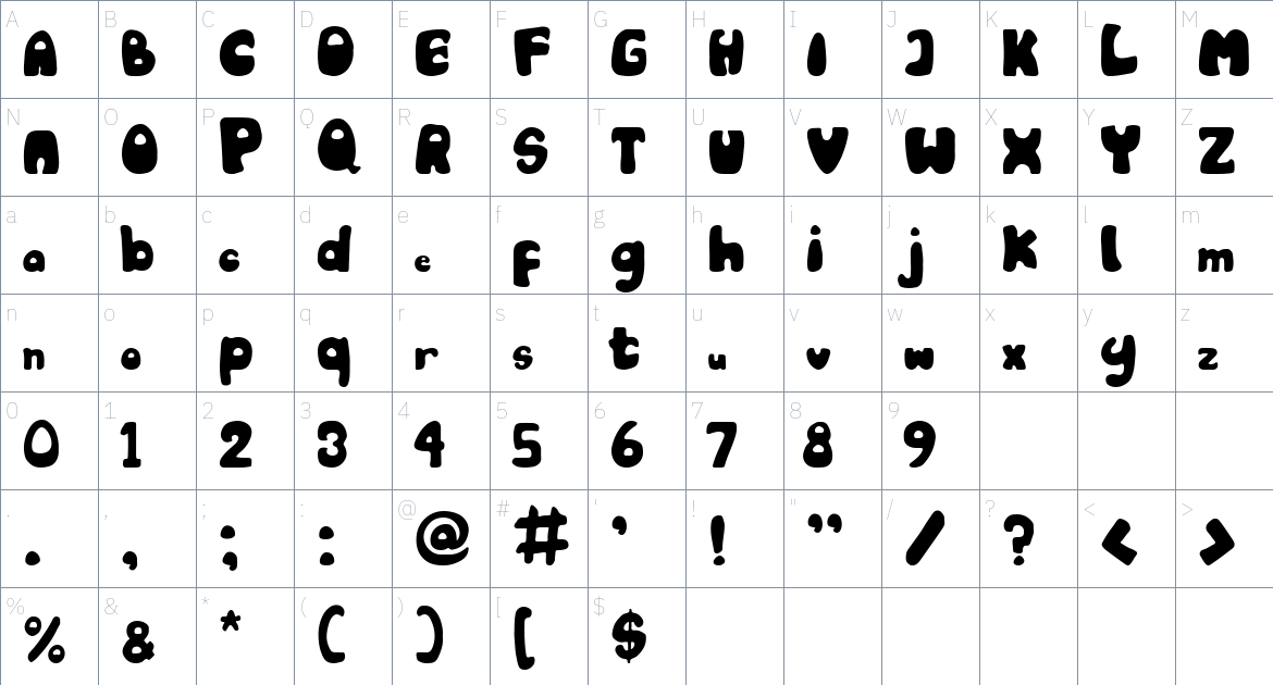 Zumabo font Character Map