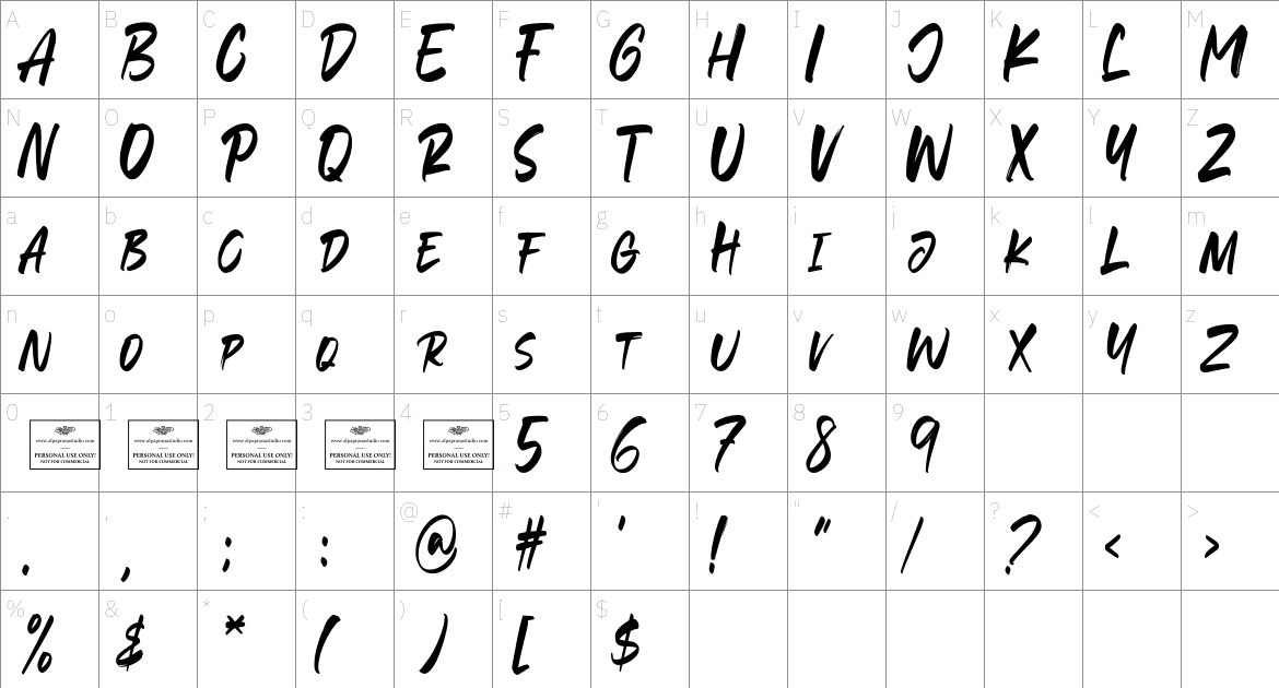 Evocative font Character Map