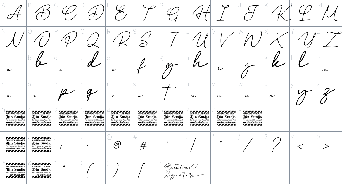 Billstone Signature font Character Map