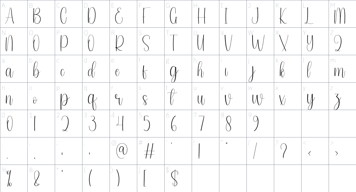 Alexandra Signtaure font Character Map