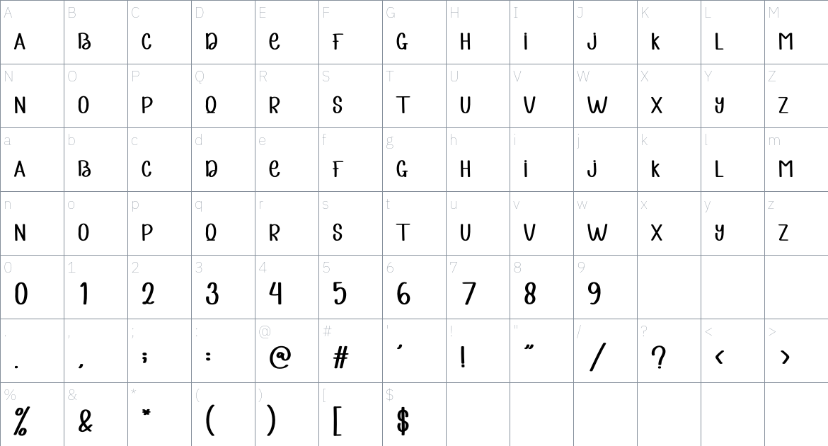 Cry Alone font Character Map