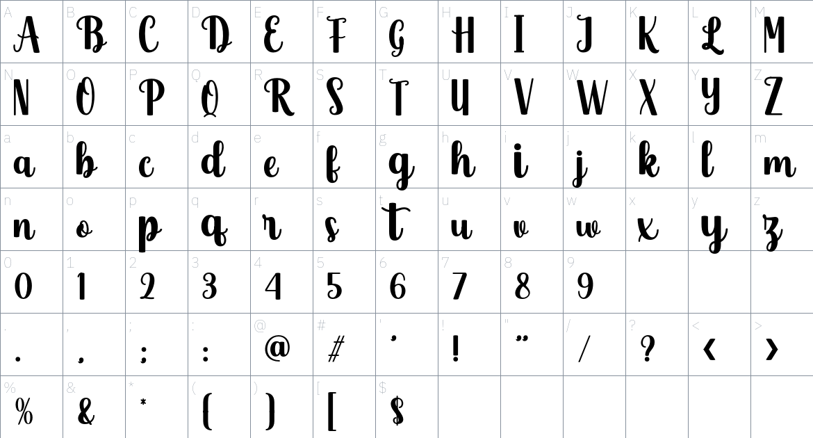 Ashelia font Character Map