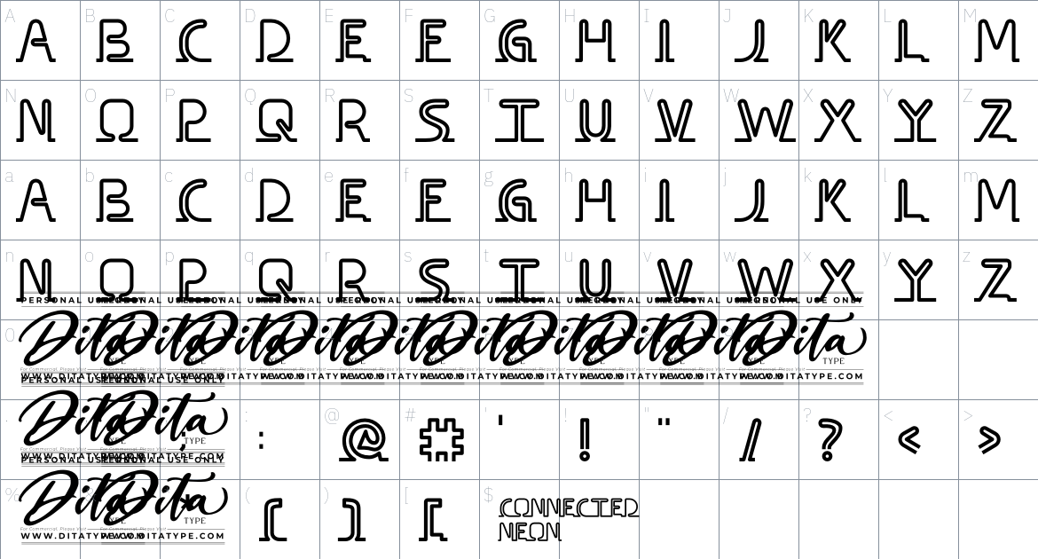 Conected Neon font Character Map