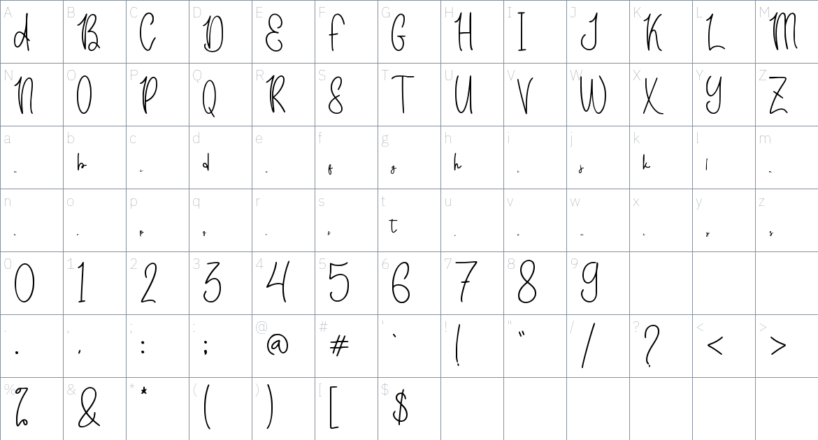 Akastar font Character Map