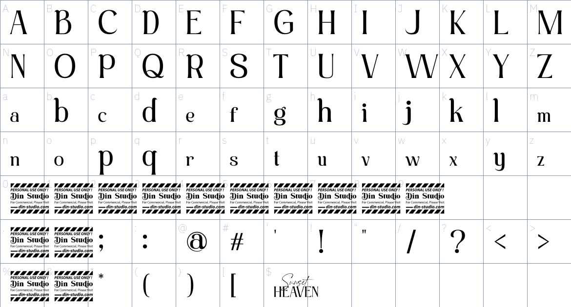 Sunset Heaven Personal Use Only font Character Map