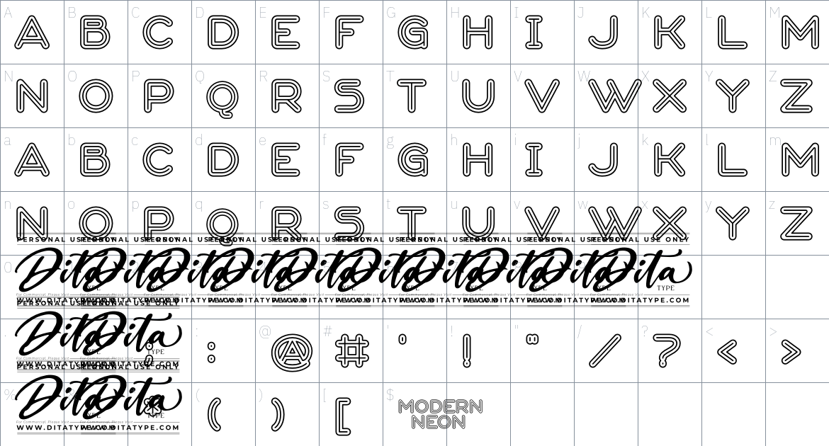 Modern Neon font Character Map