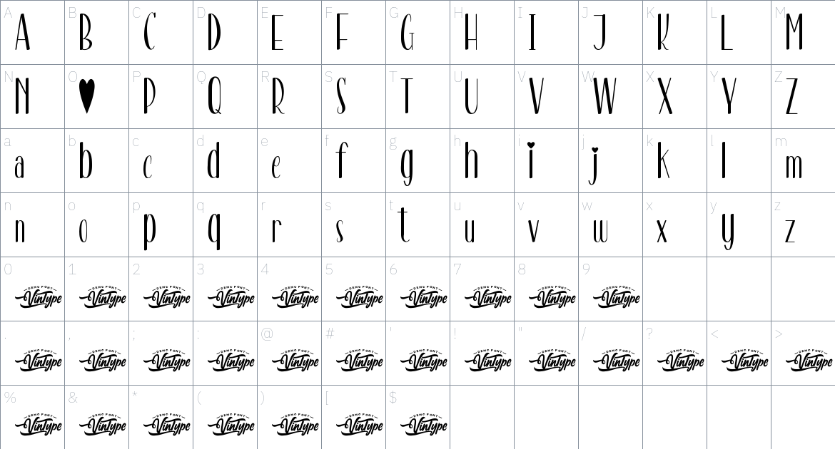 Minimalist Love font Character Map