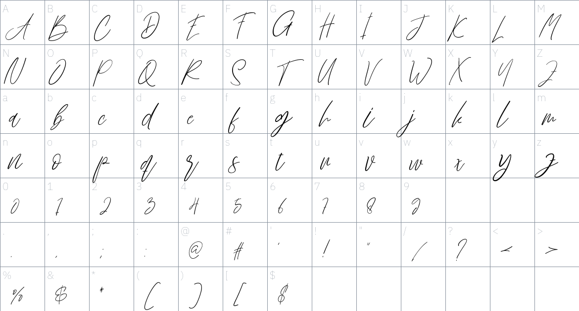 Brillian Signature font Character Map