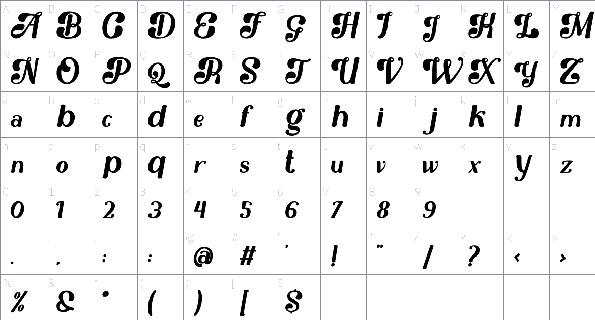 Glareous font Character Map