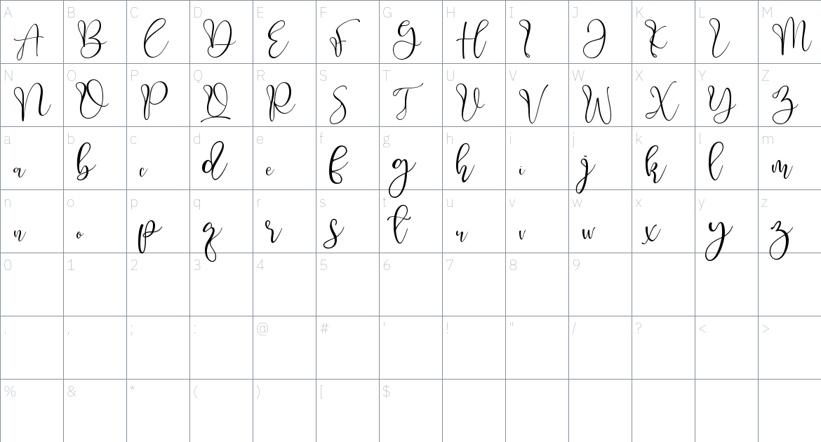 Aliquest Script font Character Map