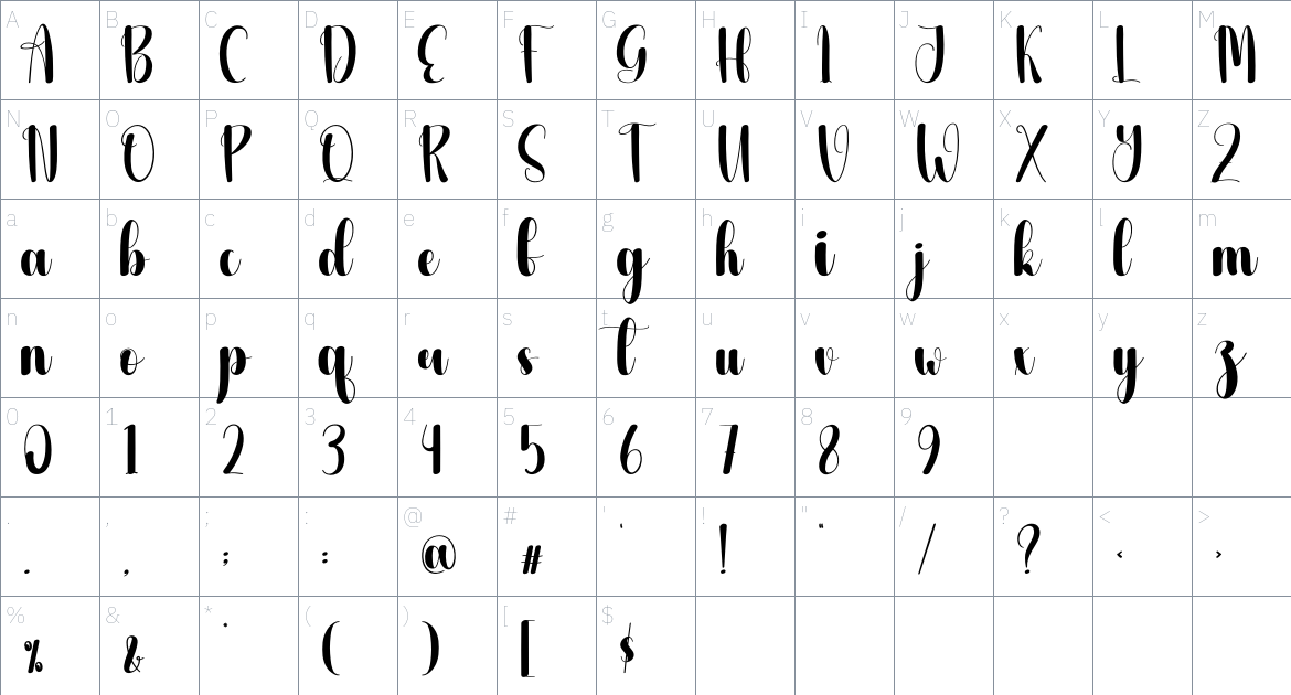 Nightglow font Character Map