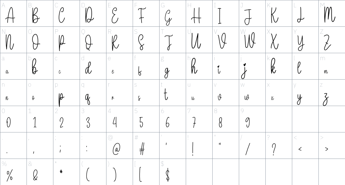 Sparkling font Character Map