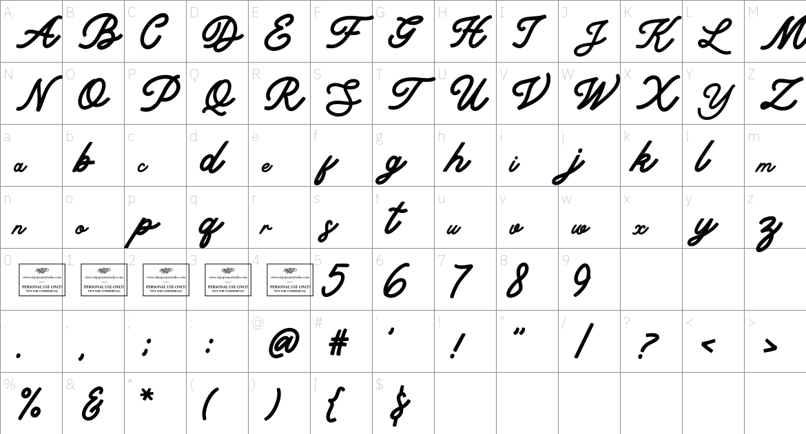 Tranquility font Character Map