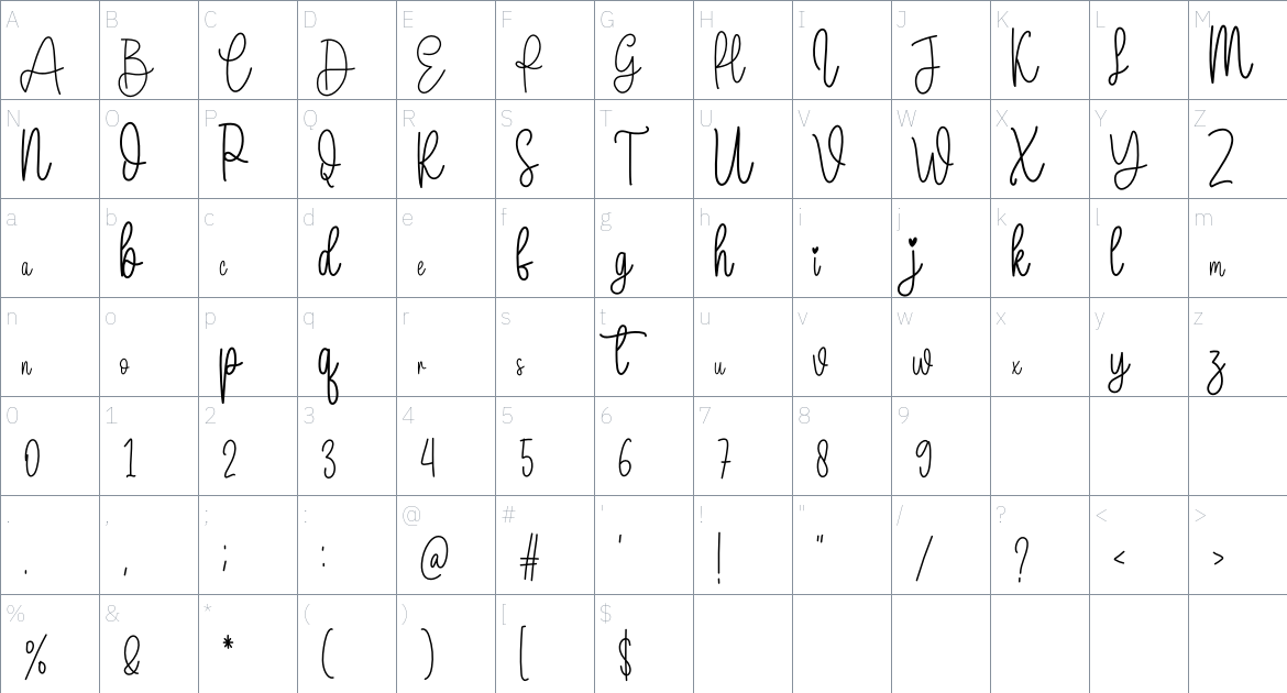 Handmade Sparkling font Character Map