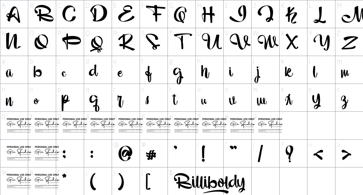 Billiboldy font Character Map