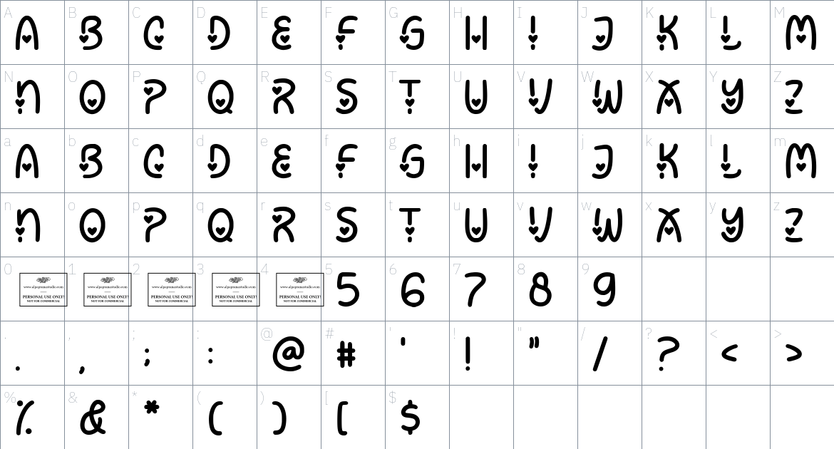 Wondrous font Character Map