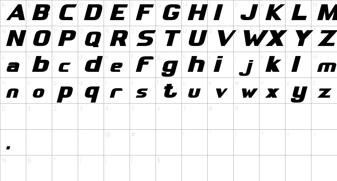 Travax font Character Map