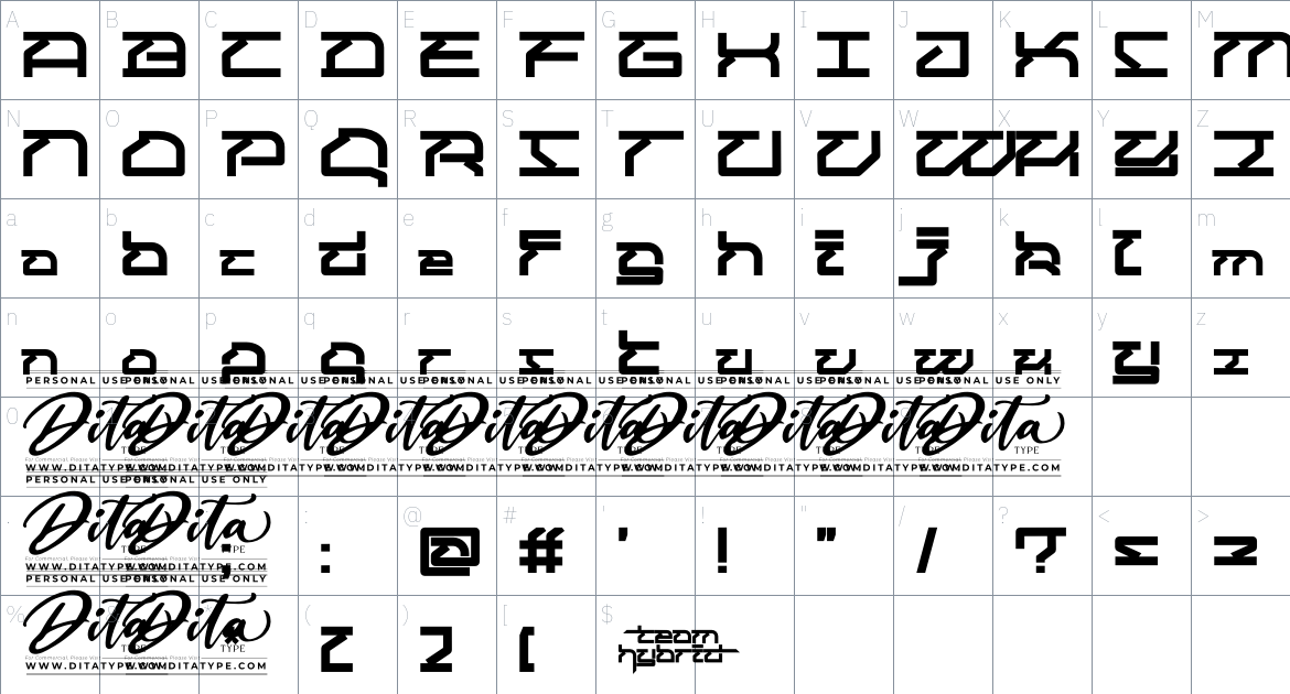 Team Hybrid Personal Use font Character Map