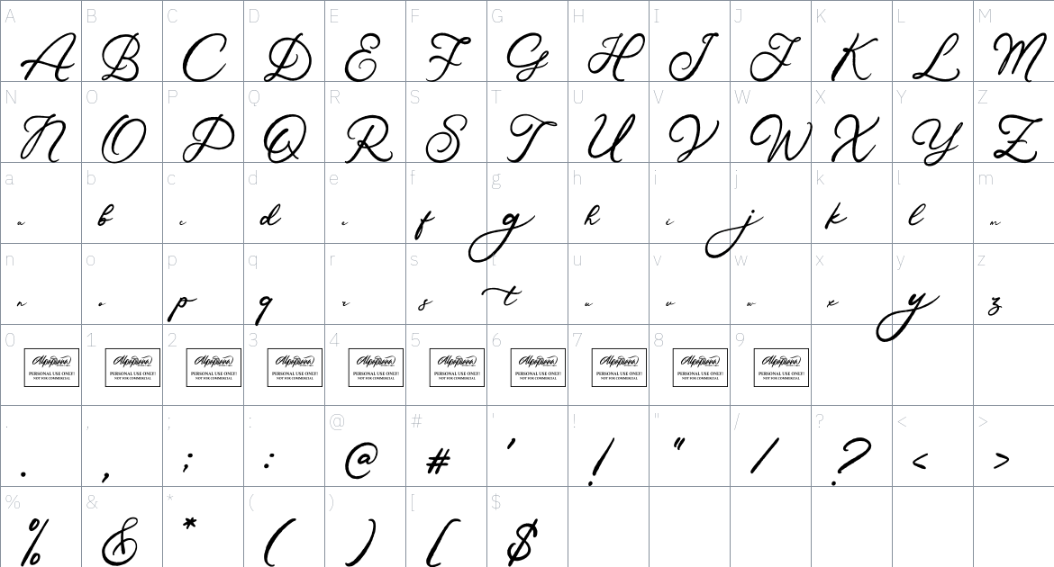 Verified Script font Character Map