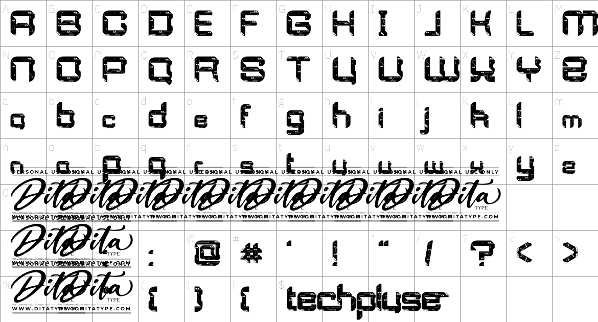 Techpluse Personal Use font Character Map