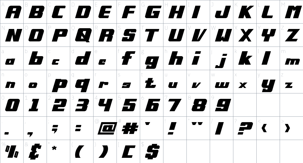 Speedrace font Character Map