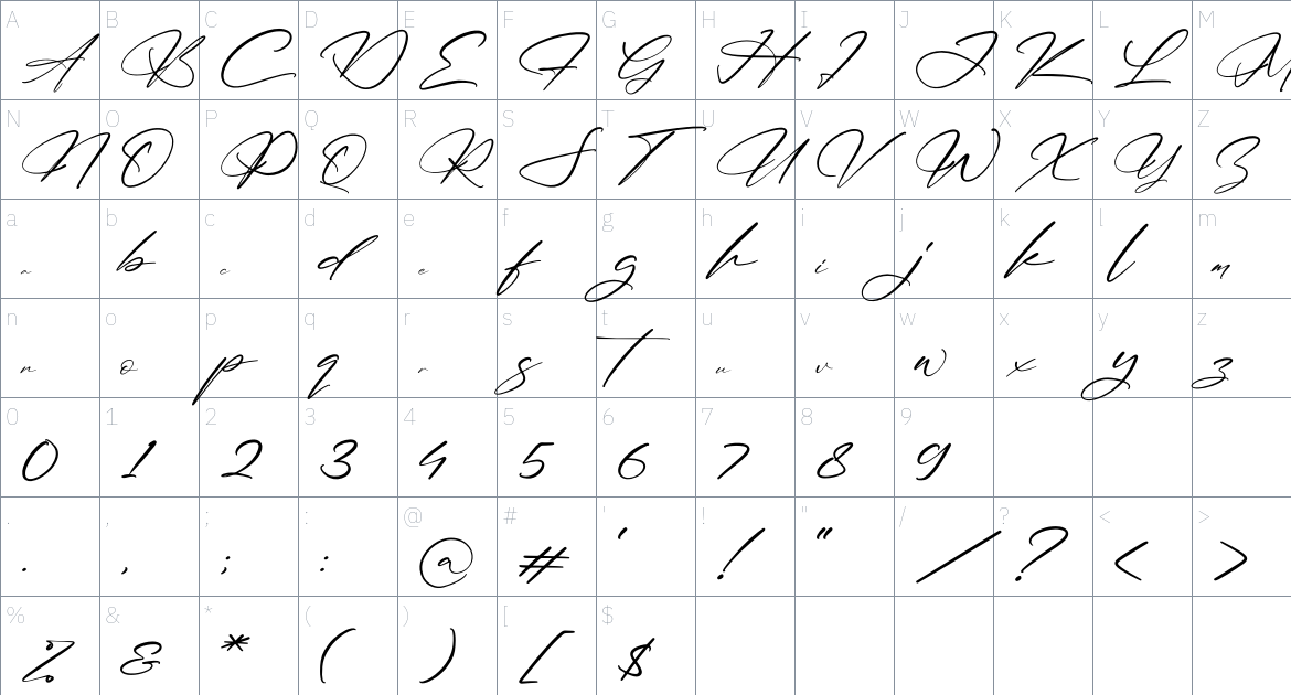 Mantilda And Briant font Character Map