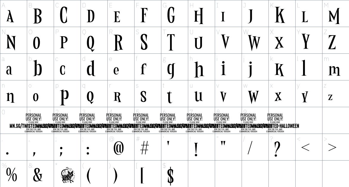 Twisted Halloween PERSONAL font Character Map