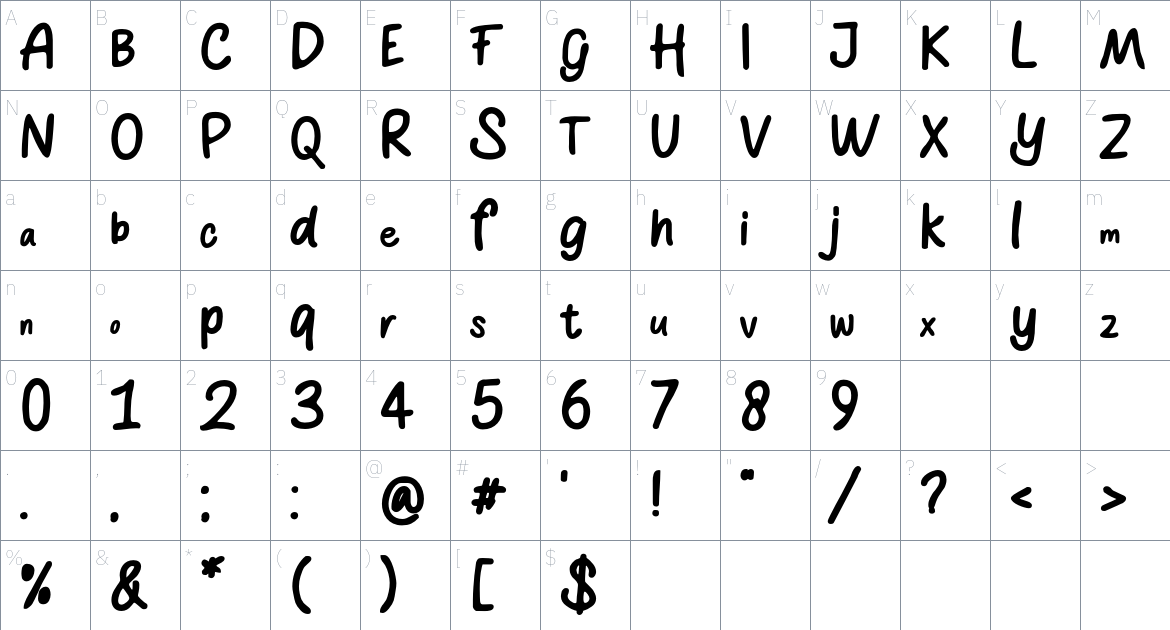 The Simsong font Character Map