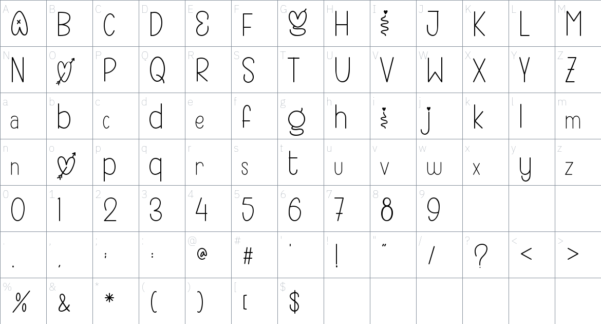 Shining Love font Character Map