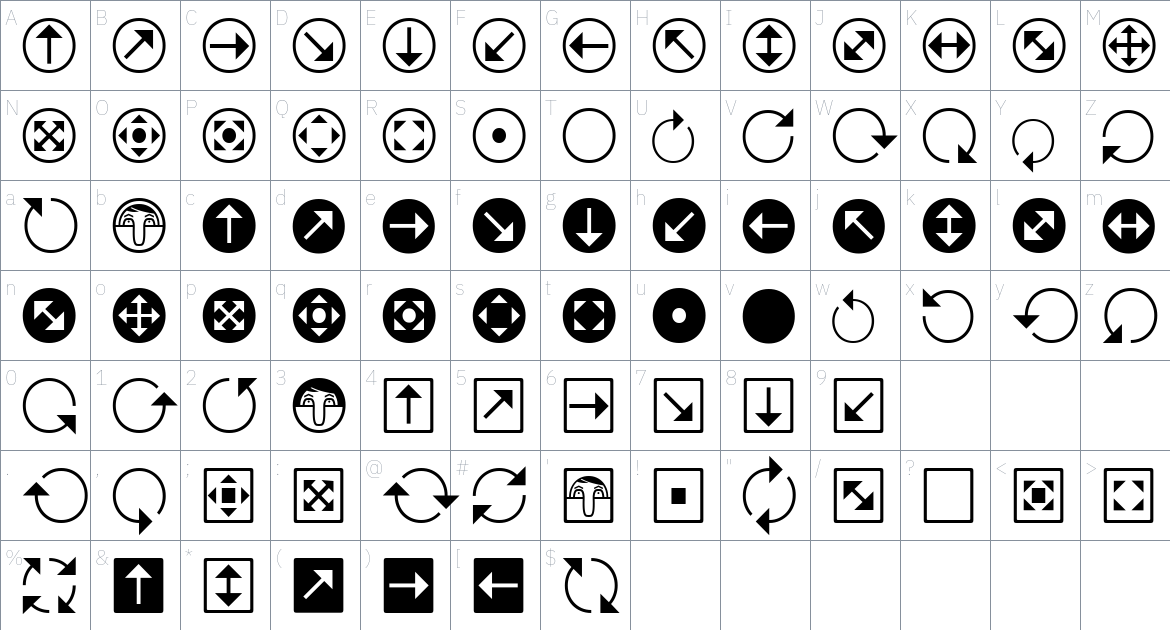 Uchrony Arrows Light font Character Map