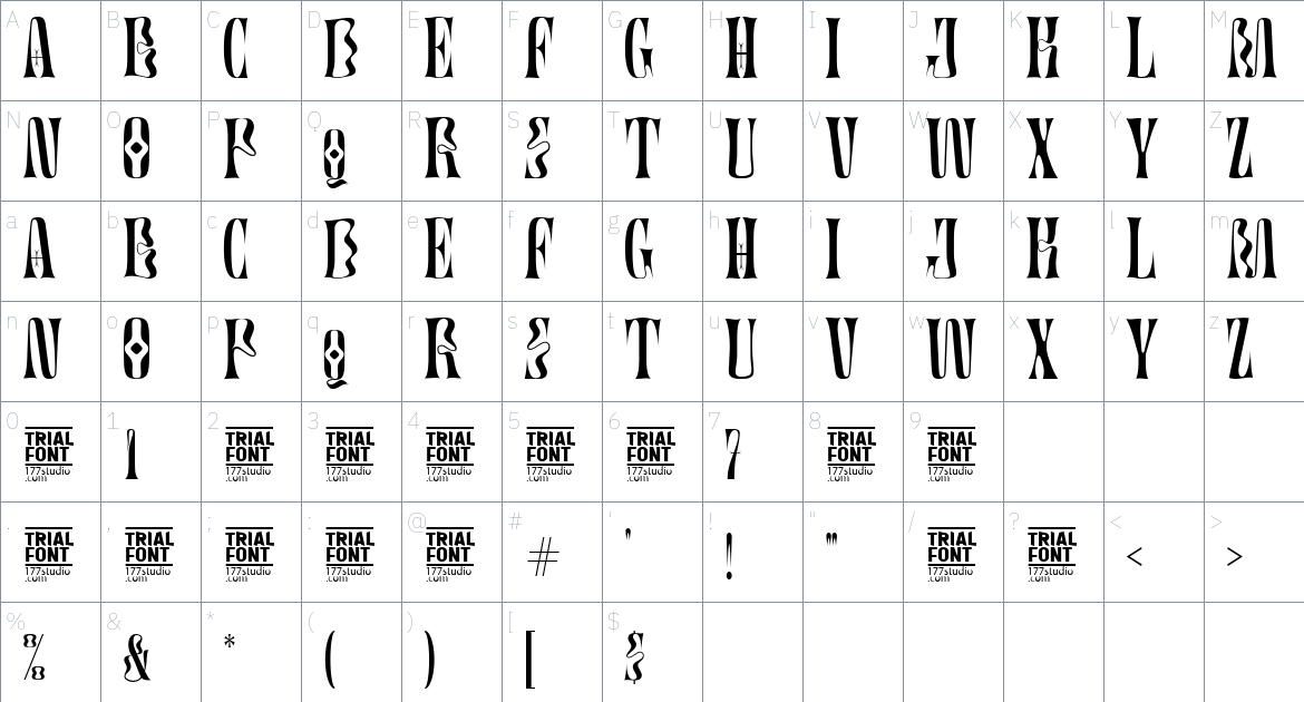 Artistic Condensed font Character Map