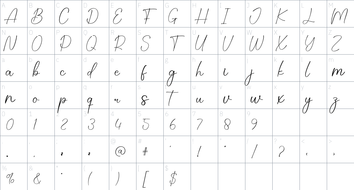 Audrina Signature font Character Map