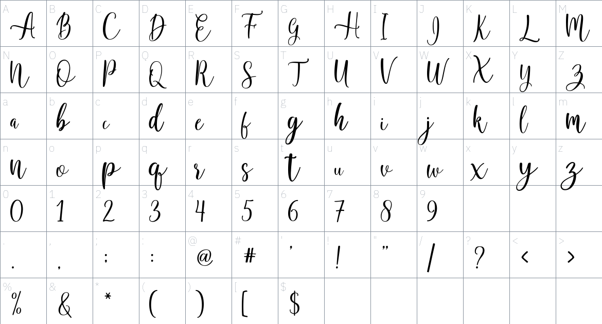 Calissha font Character Map