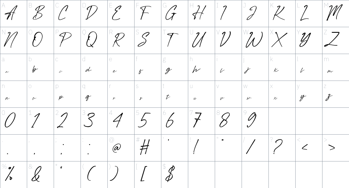 Hadvenly Signature font Character Map