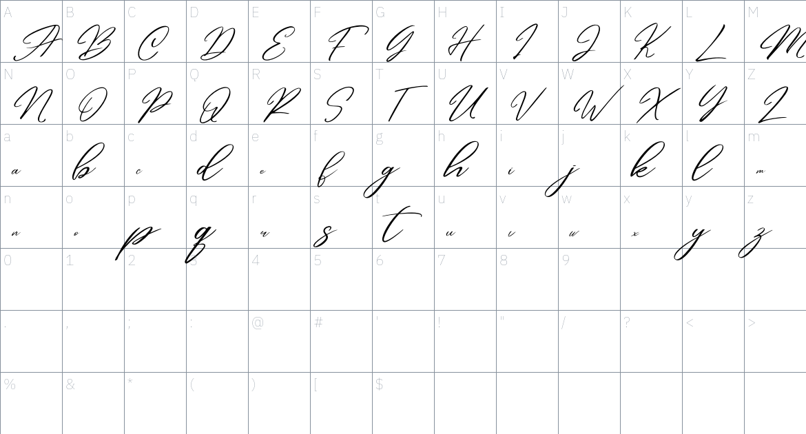 Andasia Script font Character Map