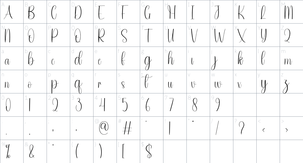 Calestial font Character Map