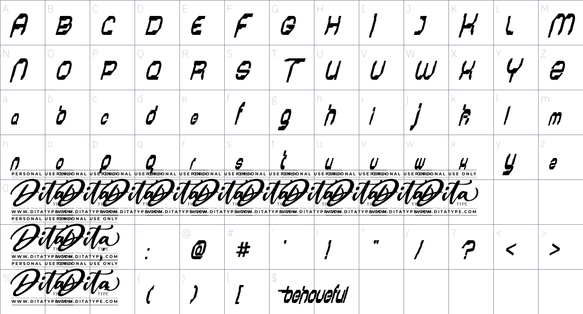 Behoveful Personal Use font Character Map