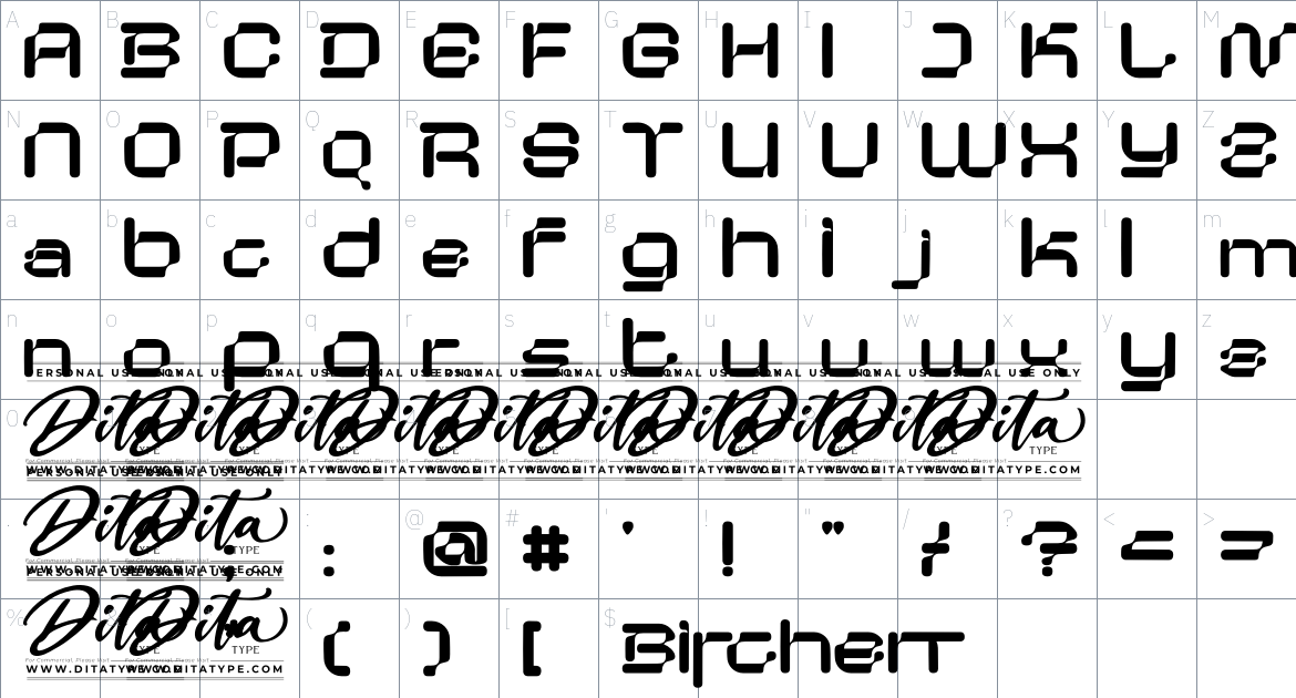 Birchen Personal Use font Character Map