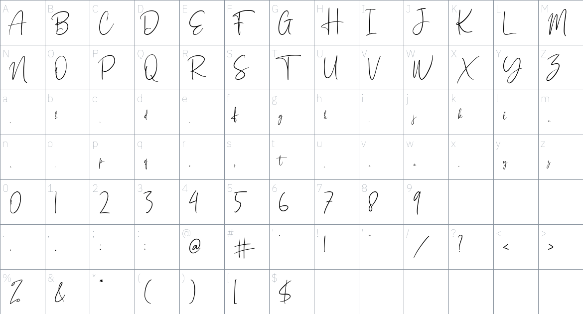 Holistic Signature font Character Map