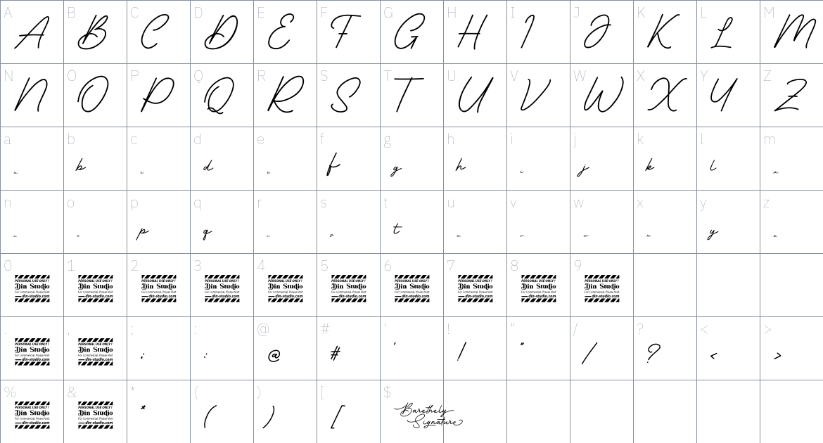 Barethely Signature font Character Map