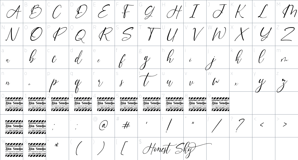 Honest Sky font Character Map