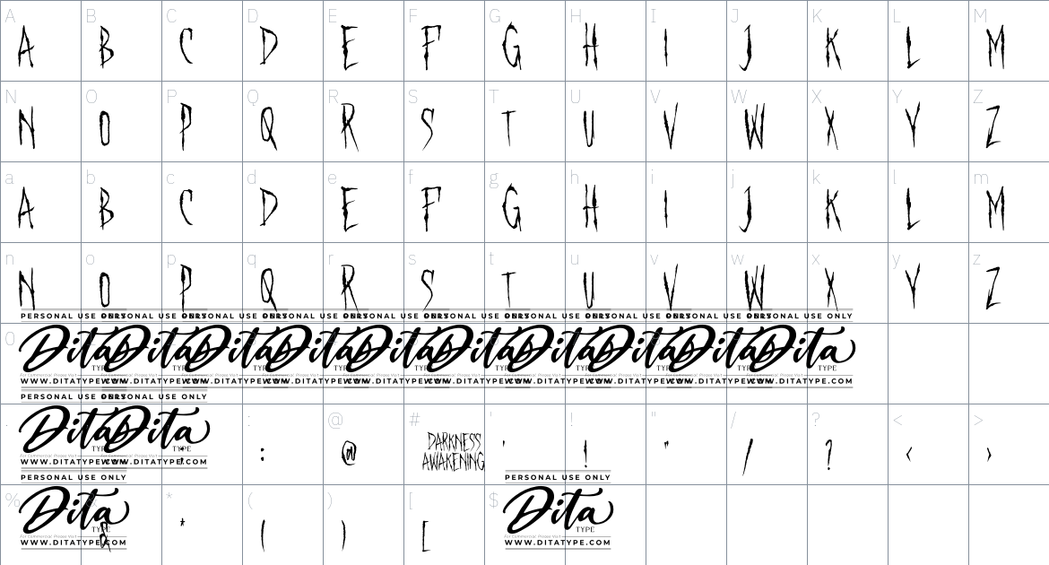 Darkness Awakening Personal Use font Character Map