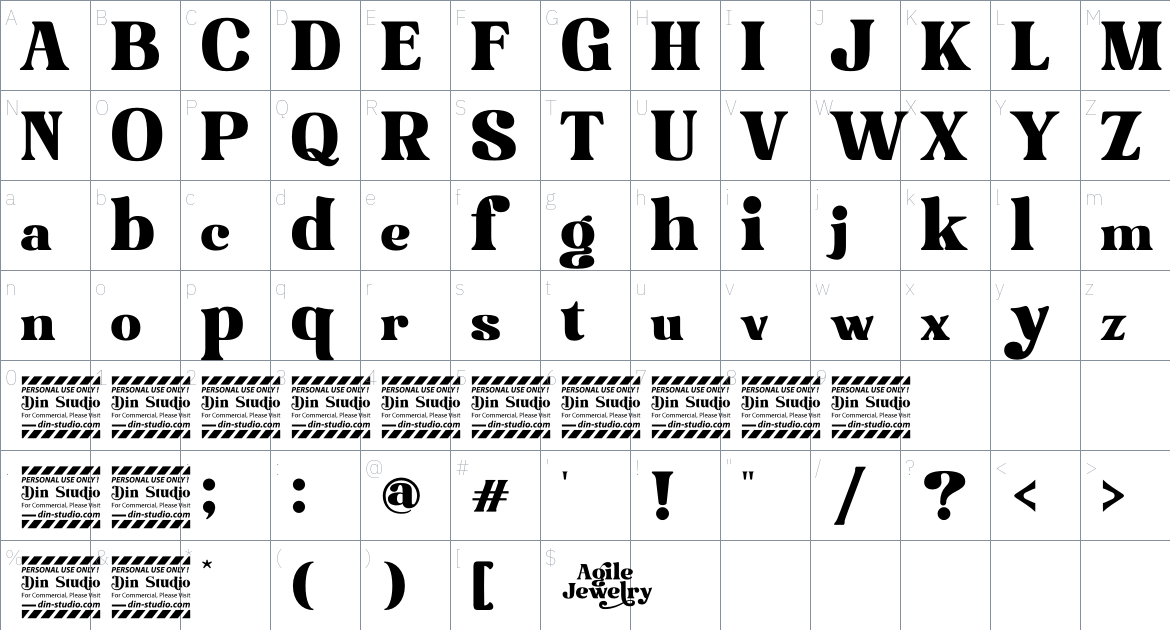 Agile Jewelry font Character Map