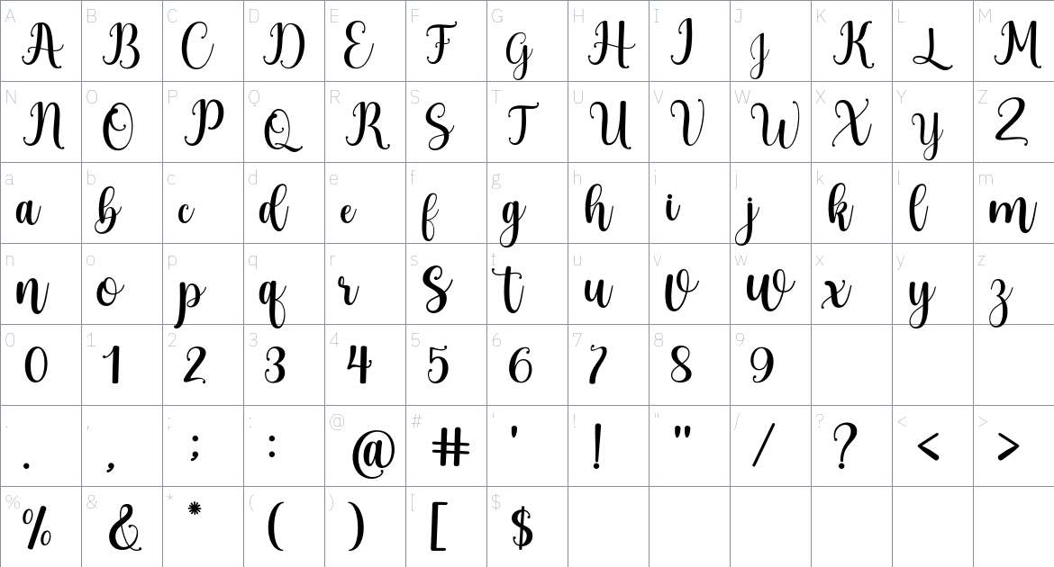 Blustina font Character Map