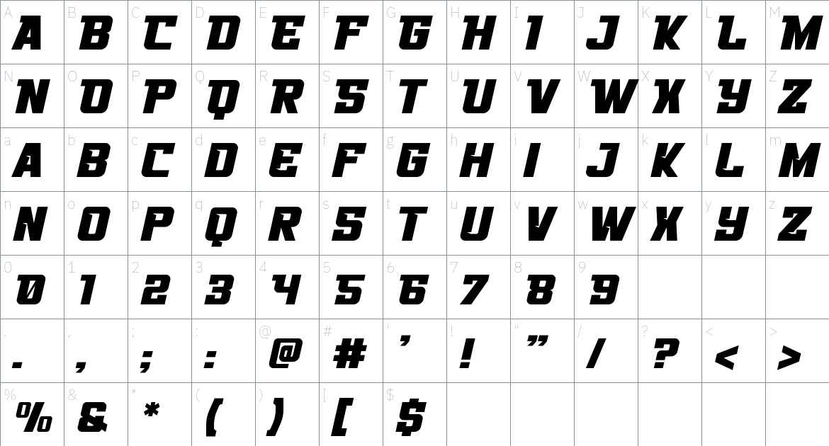 Speed Demon font Character Map